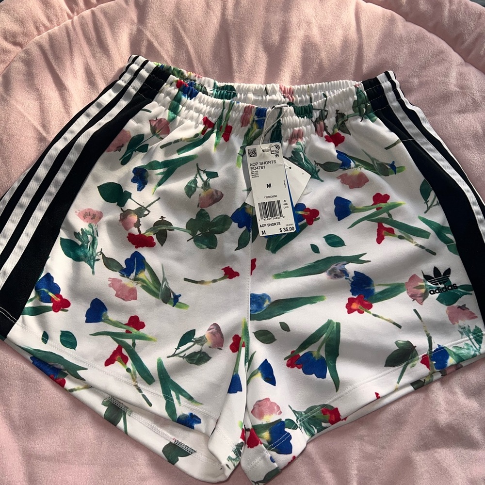 Adidas Women's Floral Athletic Shorts - White and Black